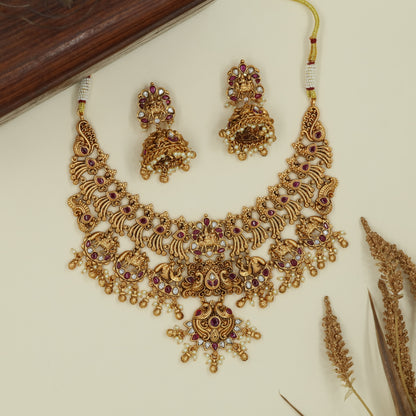 Arched peacock antique necklace with central Lakshmi pendant