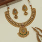Curved temple panel kundan necklace with sculpted peacock side elements and large circular pendant