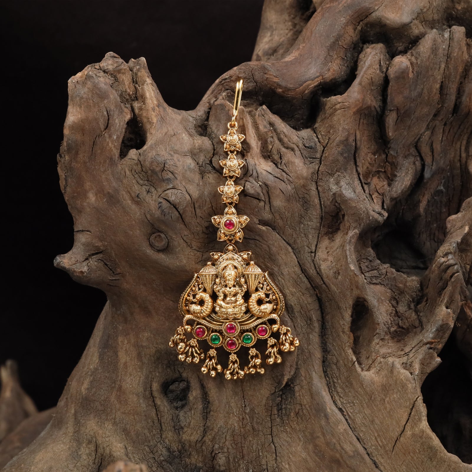 Vertical chain tikka with sculpted Lakshmi pendant and arc base with hanging bead clusters