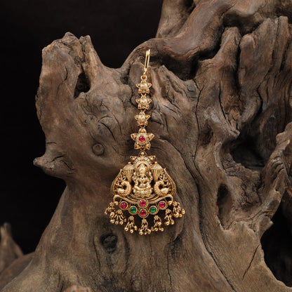 Vertical chain tikka with sculpted Lakshmi pendant and arc base with hanging bead clusters