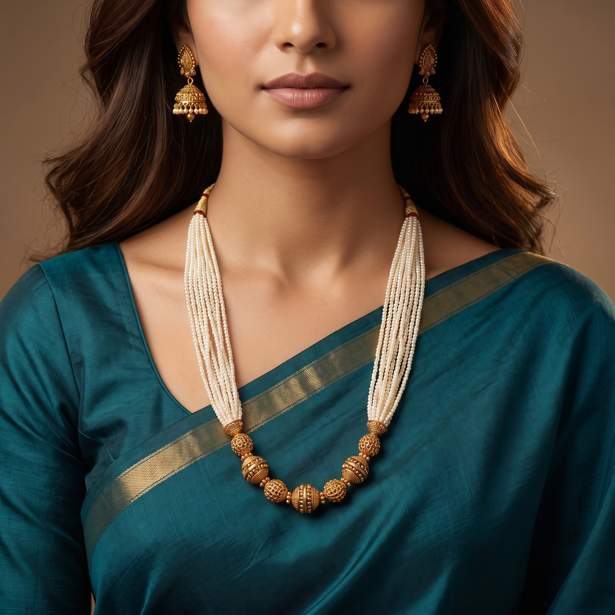 Classic pearl side antique beads necklace with central hollow bead sequence and smooth transition