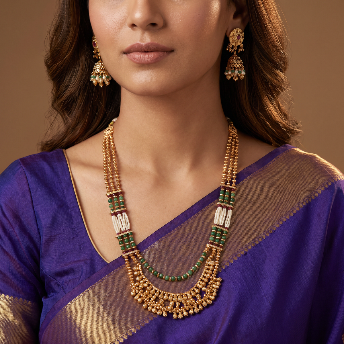 Segmented multi strand antique beads necklace with vertical chain panels