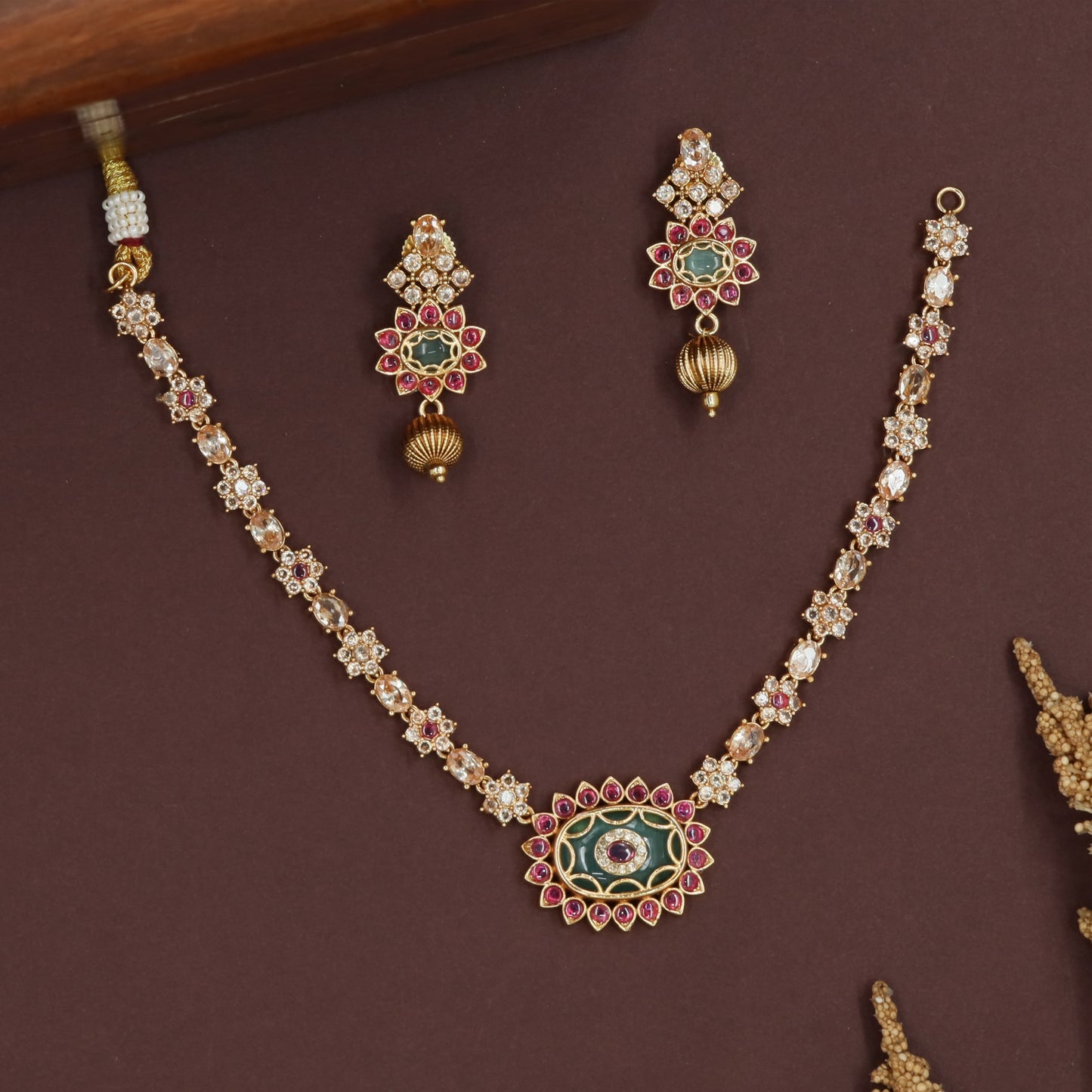 Floral connector antique necklace with oval centerpiece pendant and bead drop accent
