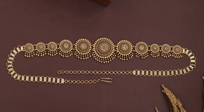 Sunburst medallion waist belt with graduated round panels and layered drop fringe