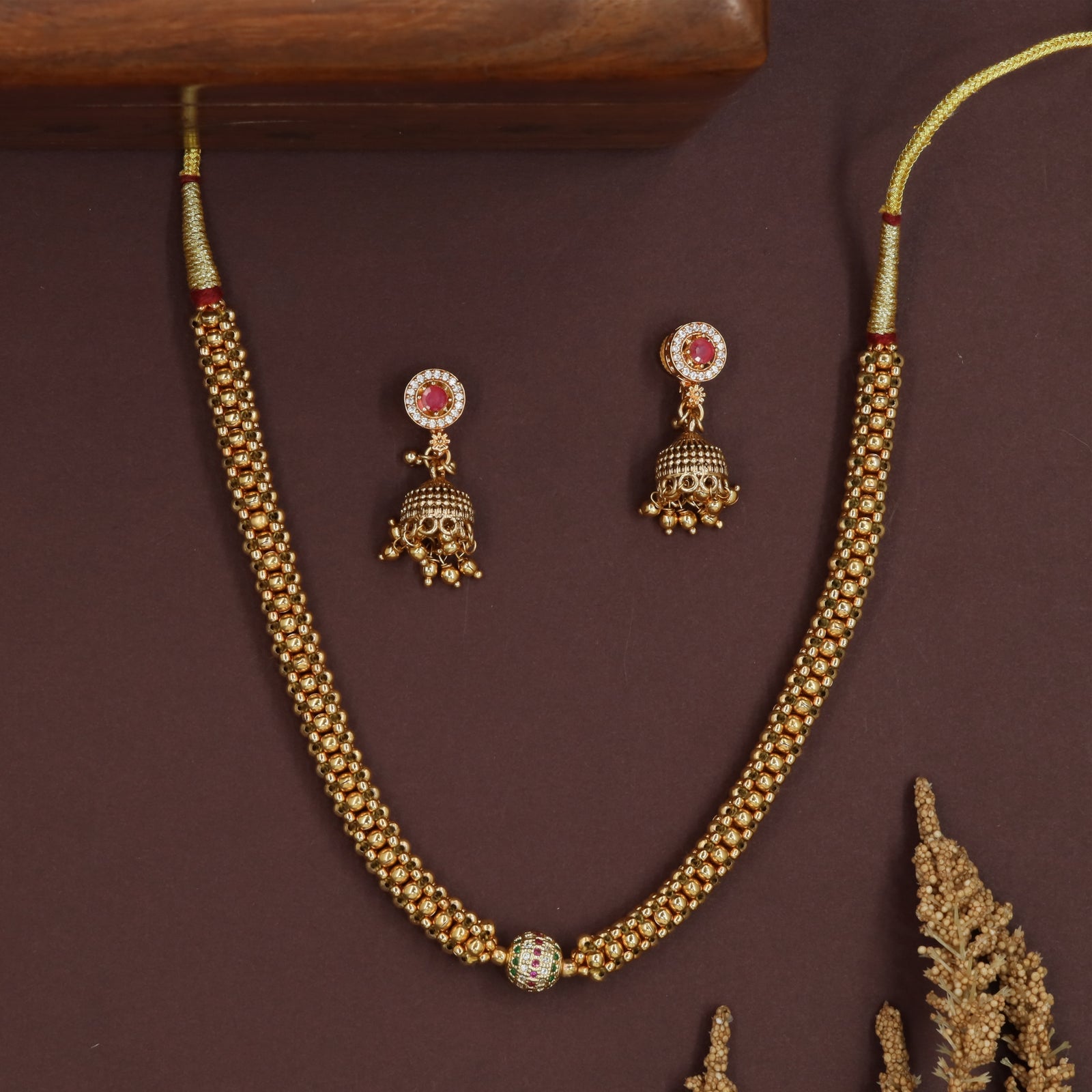 Granular bead antique beads necklace with tight rows and central accent piece