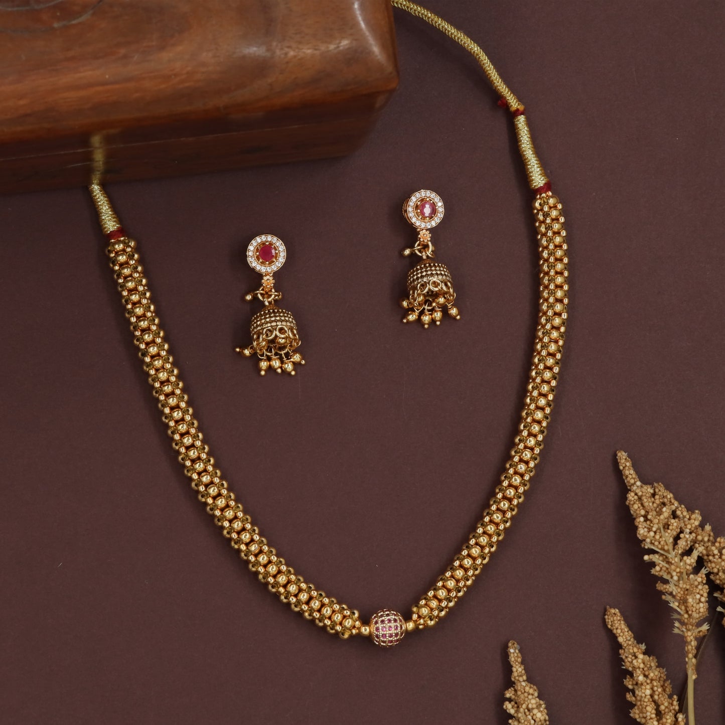Granular bead antique beads necklace with tight rows and central accent piece