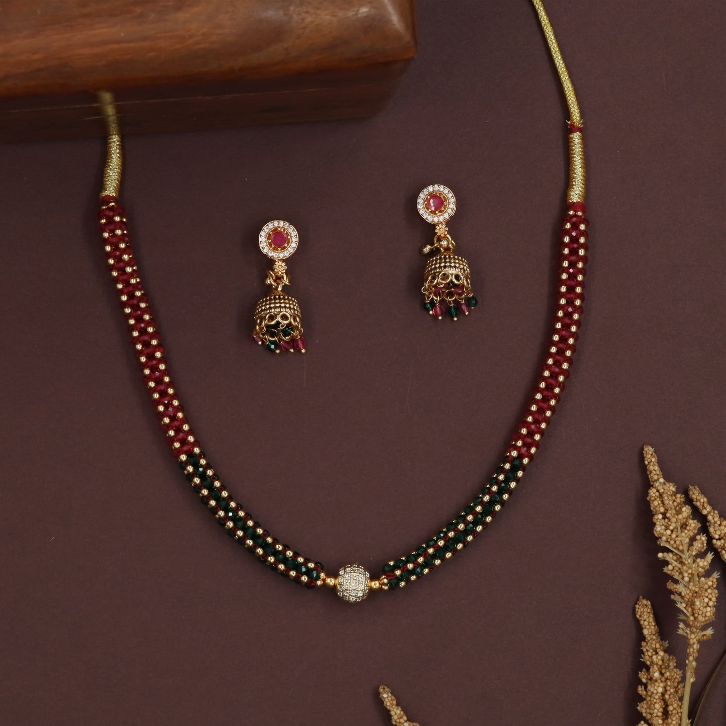 Granular bead antique beads necklace with tight rows and central accent piece