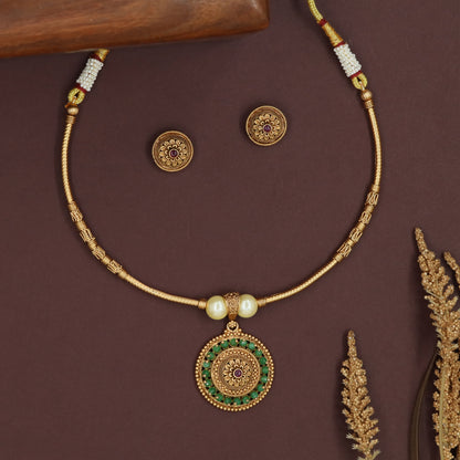 Sleek chain antique necklace with carved segments and circular drop pendant