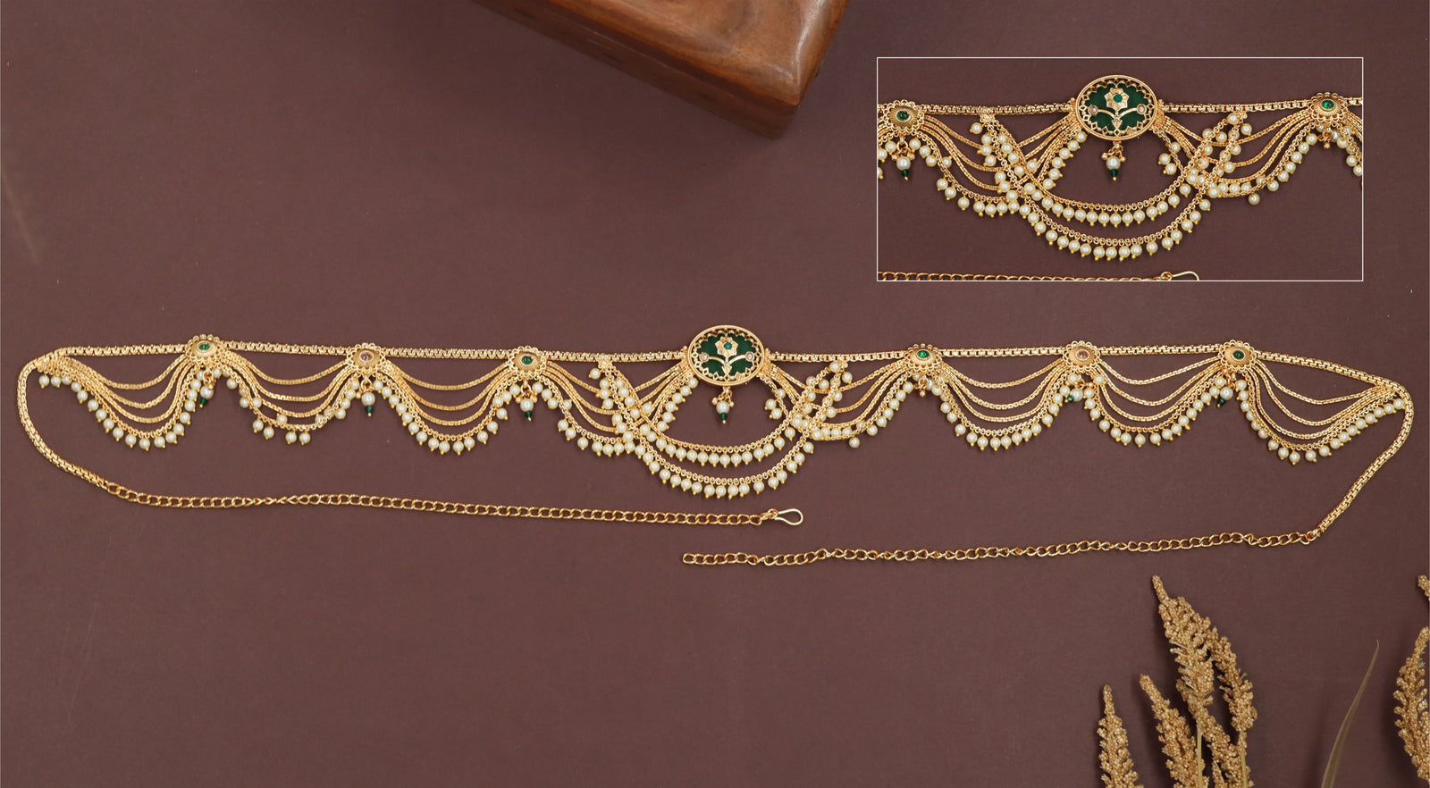Grand centerpiece waist belt with cascading strands and scalloped chain arches