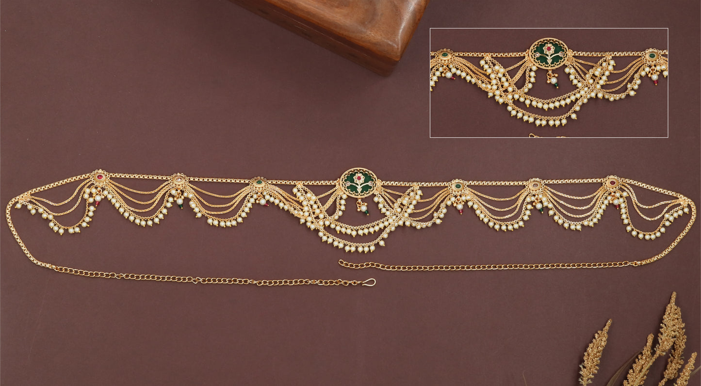 Grand centerpiece waist belt with cascading strands and scalloped chain arches