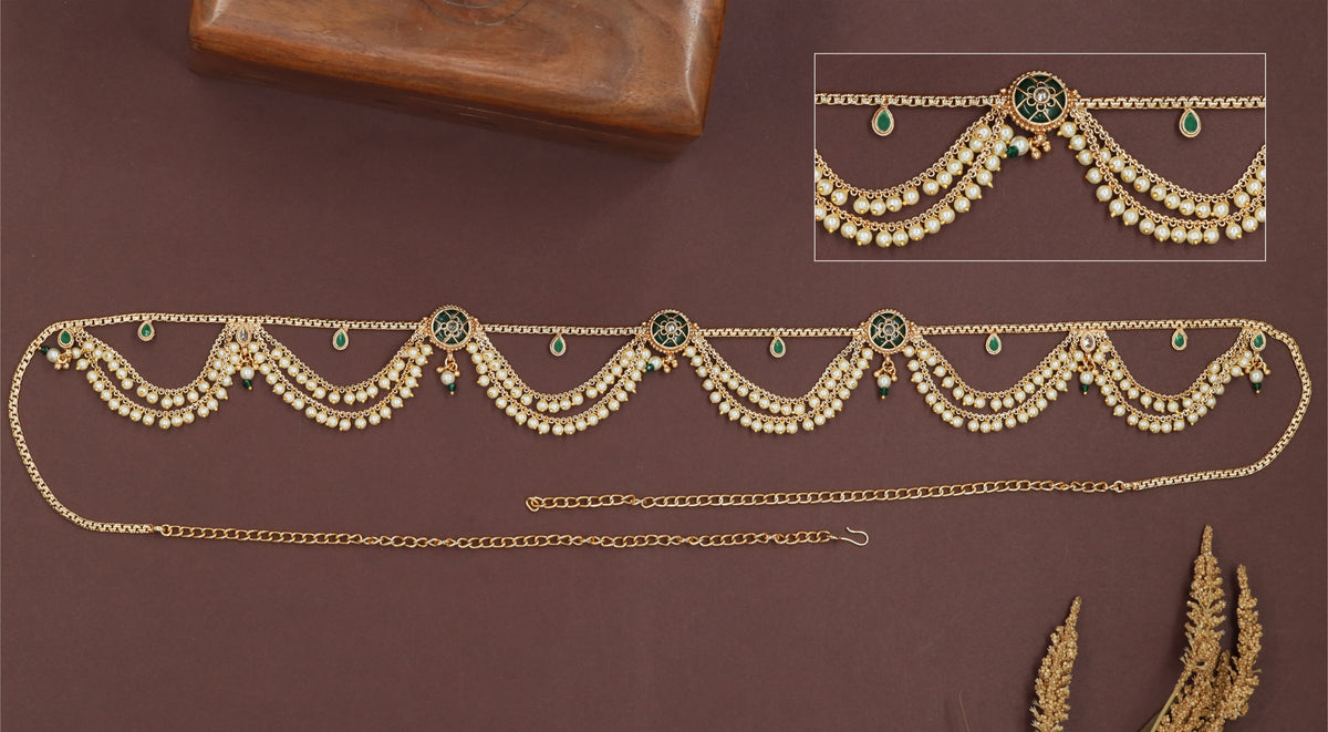 Scalloped chain waist belt with layered bead drapes and round connector discs