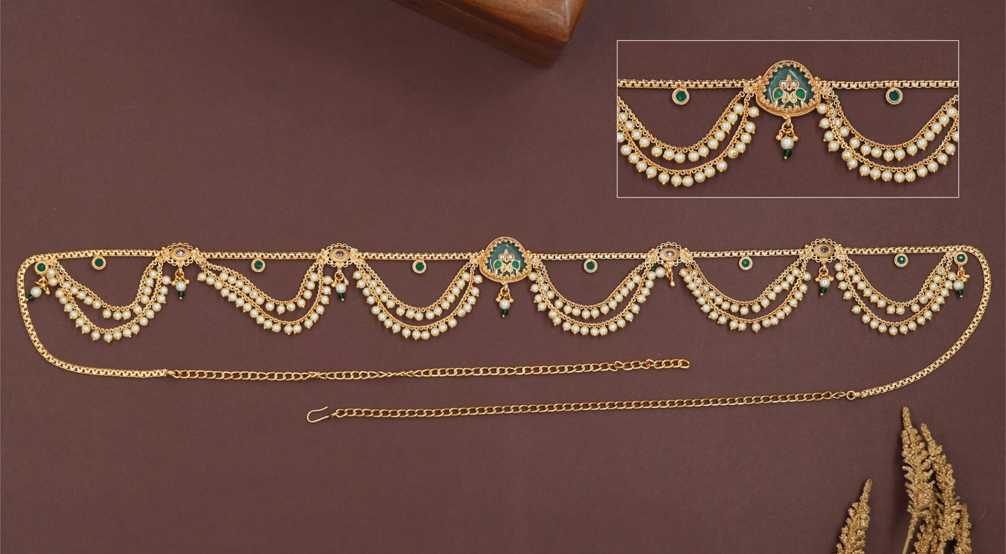 Center pendant waist belt with scalloped pearl drapes and spaced connector discs