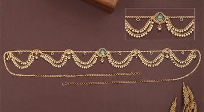 Center pendant waist belt with scalloped pearl drapes and spaced connector discs