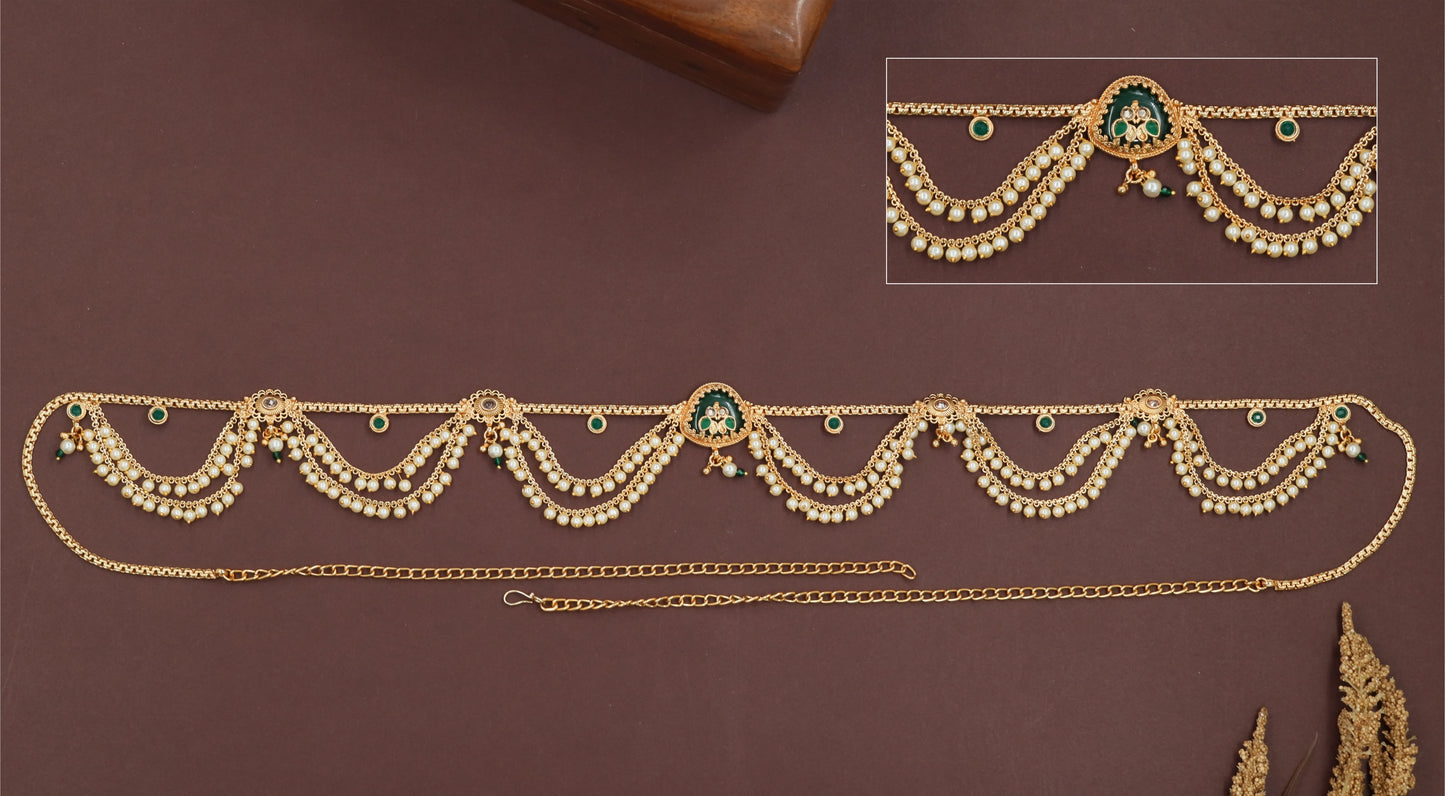 Center pendant waist belt with scalloped pearl drapes and spaced connector discs