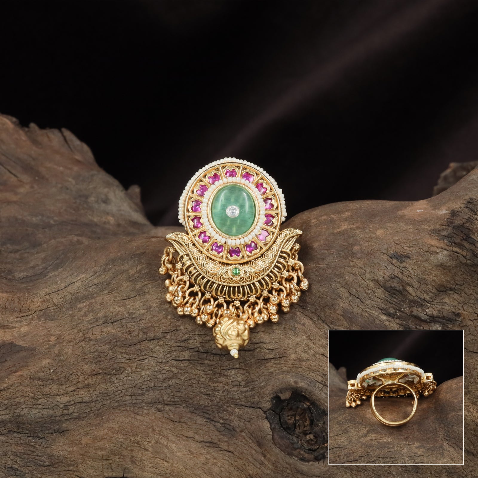 Heavy Round Plate Kundan Finger Ring with Tiered Structure and Hanging Beads