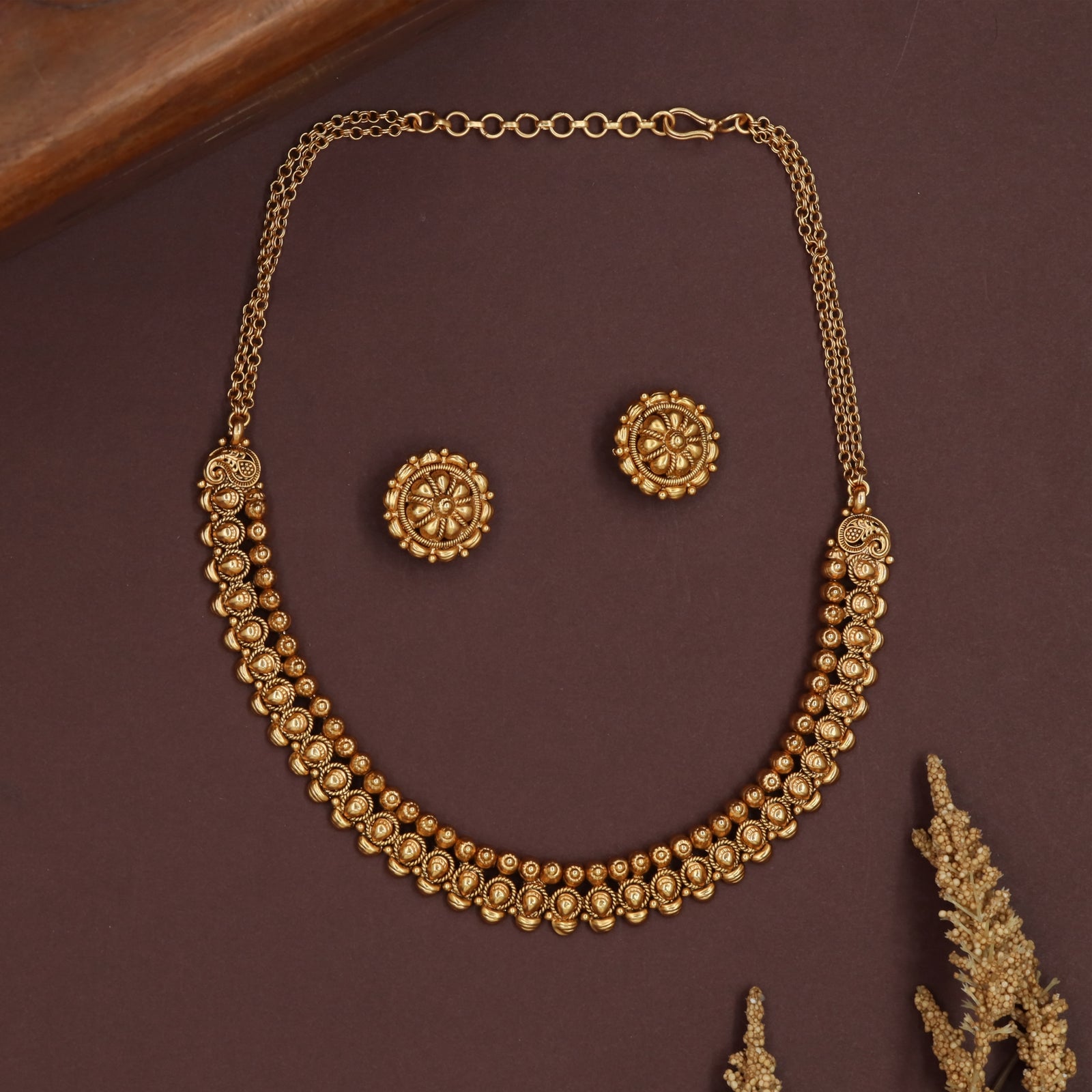 Beaded disc antique necklace with double row coin units and side scroll connectors