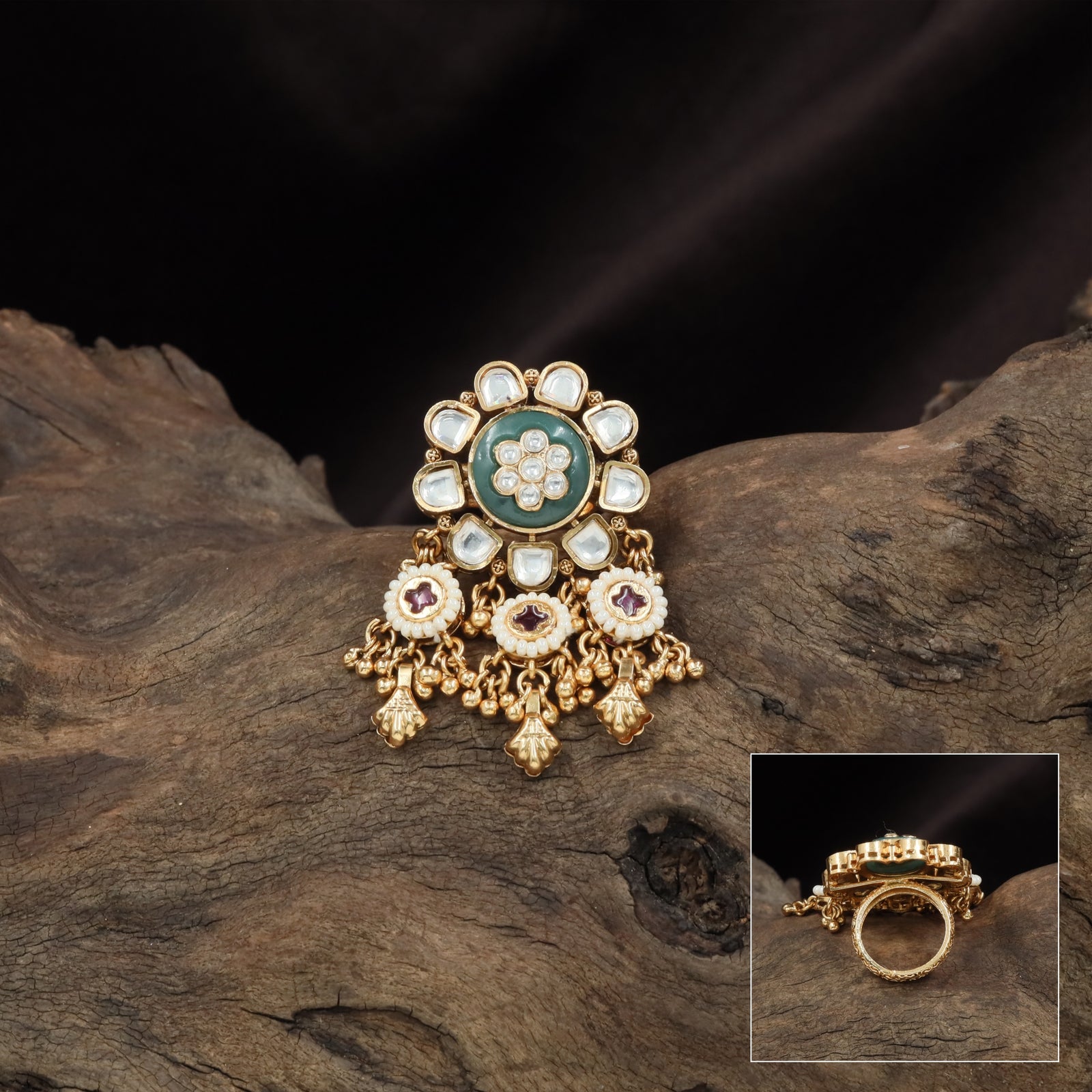 Traditional floral kundan finger ring with framed top and hanging drop units