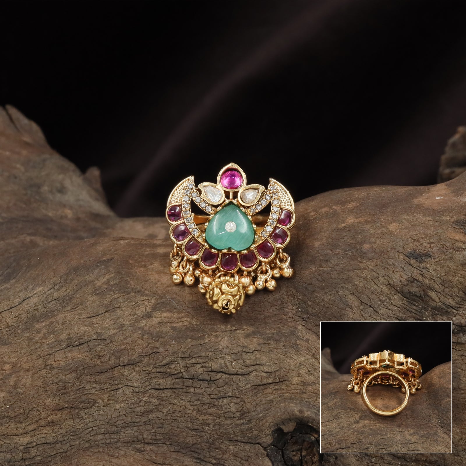 Crescent crest kundan finger ring with central heart shaped panel and bead fringe drops
