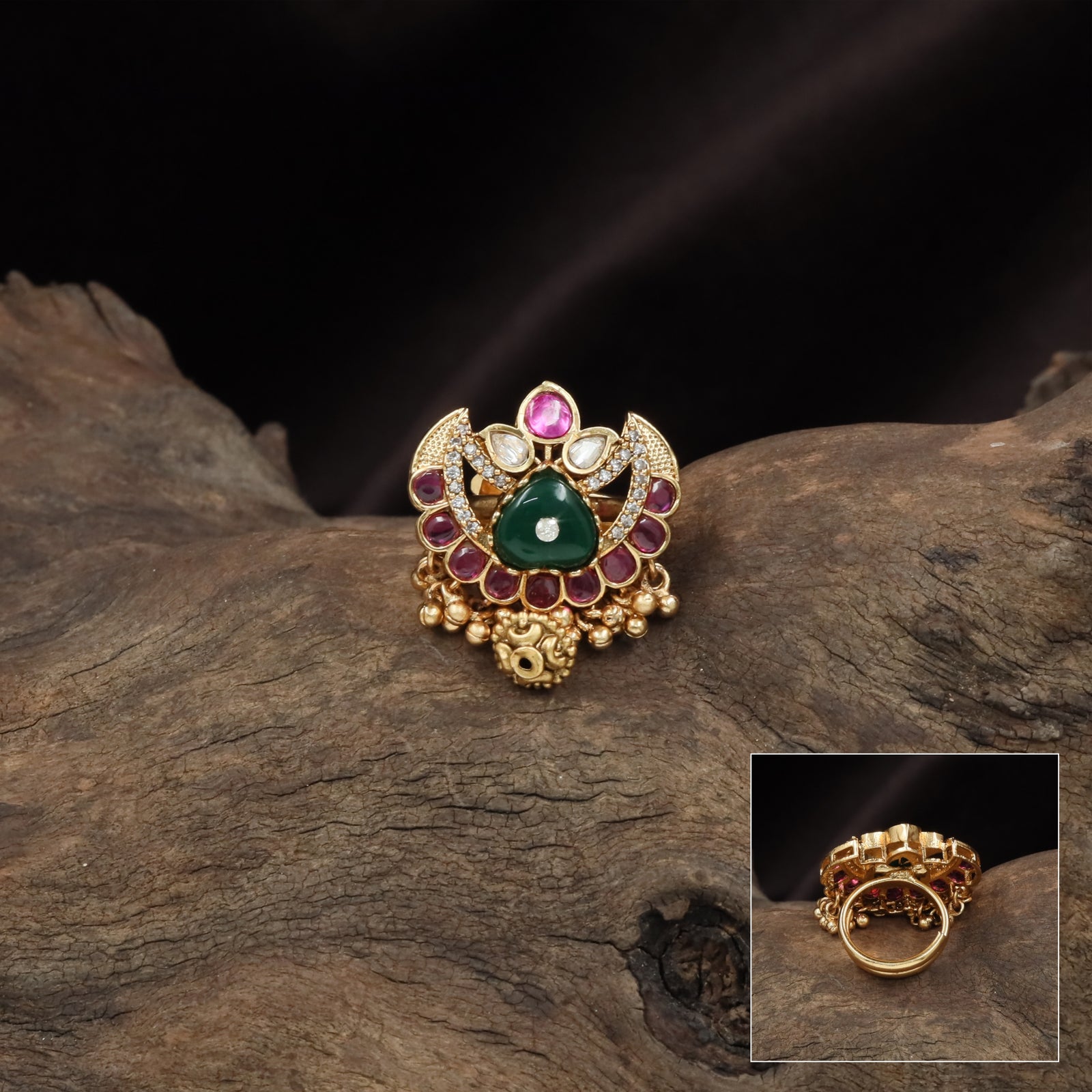 Crown Panel Kundan Finger Ring with Central Teardrop Setting and Fringe Drop Finish