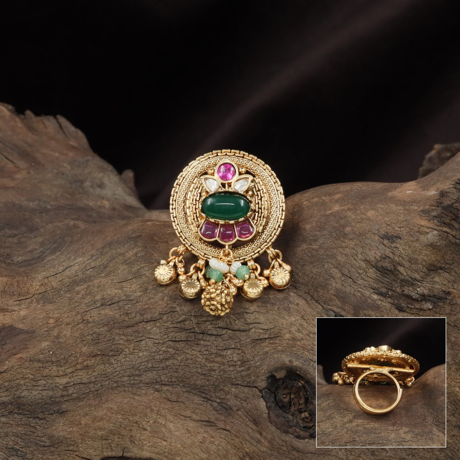Woven Texture Disc Kundan Finger Ring with Raised Oval Center and Fringe Drop Charms