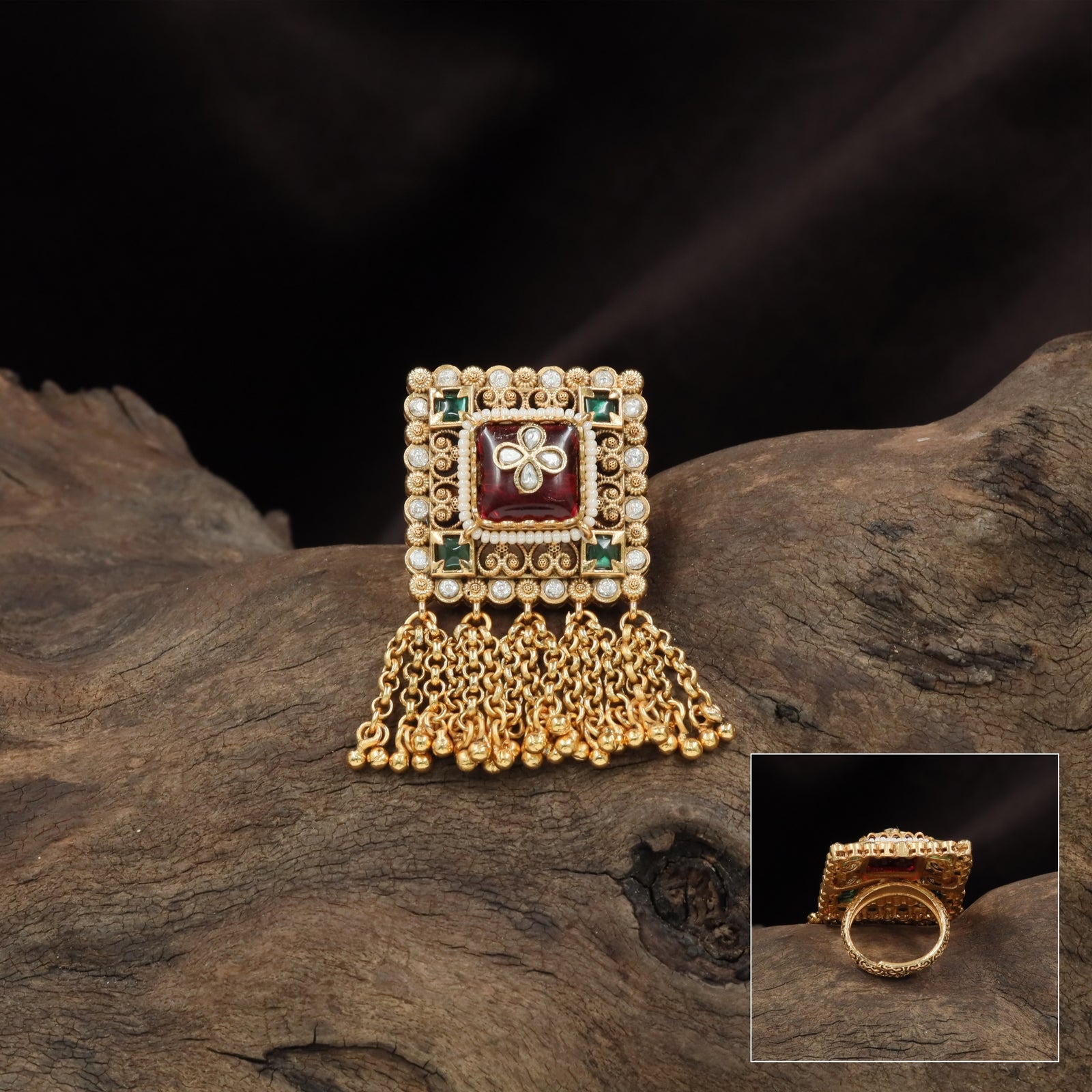 Geometric block kundan finger ring with bordered frame and layered hanging chains