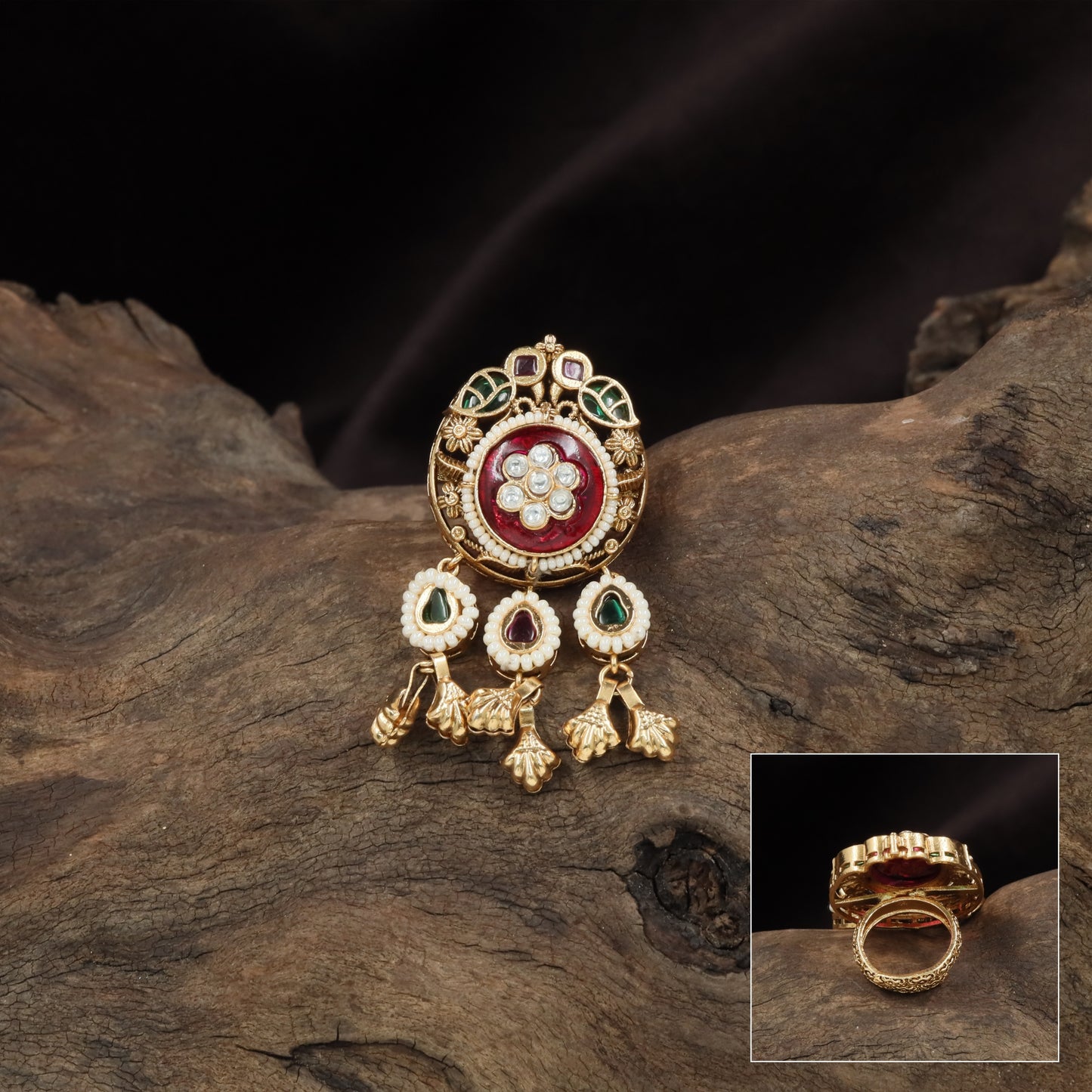 Circular frame kundan finger ring with clustered center and hanging bead accents