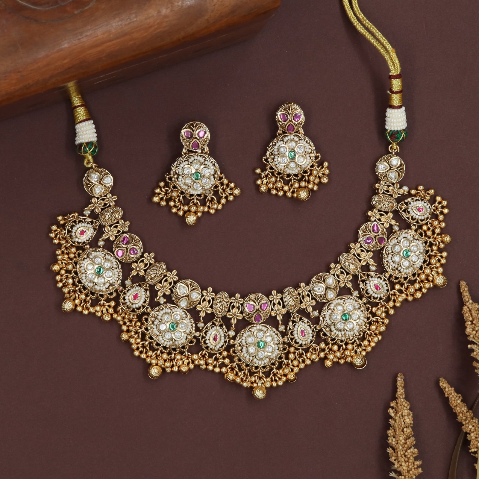 Bloom disc kundan necklace with floral connectors and layered drop bead edging