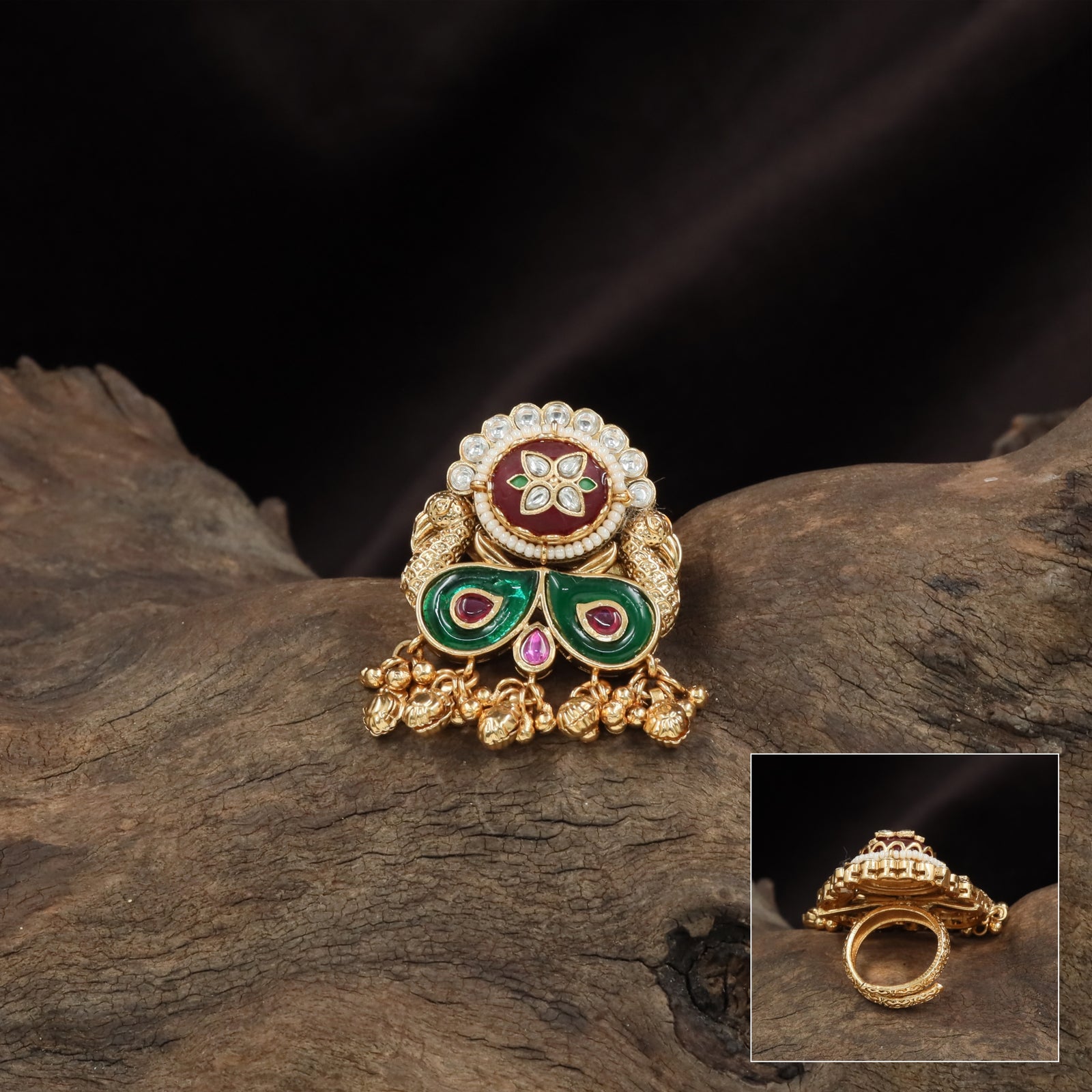 Round floral kundan finger ring with layered top and dual panel base with bead drops