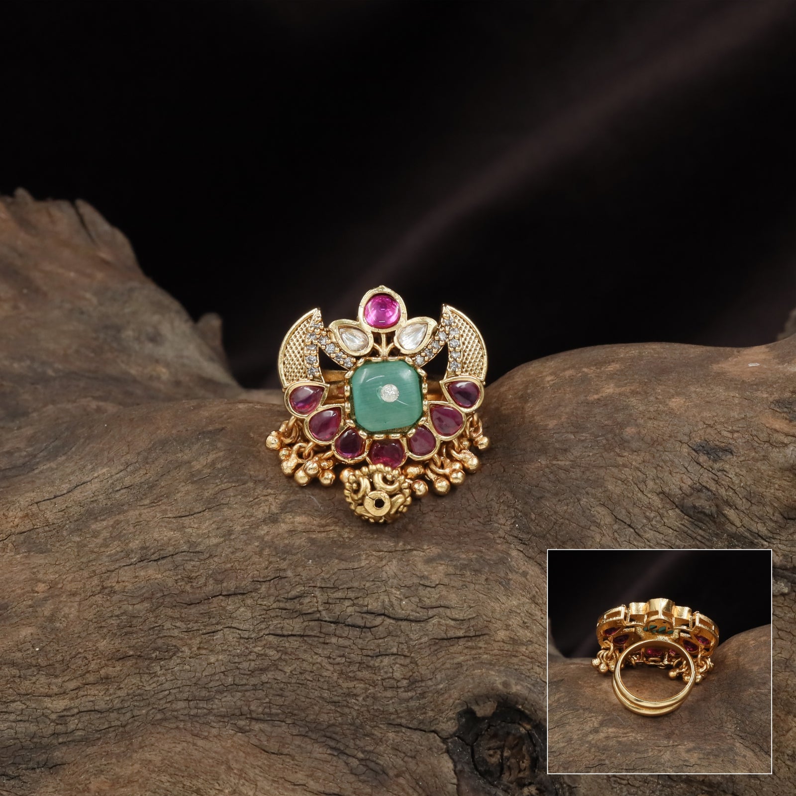 Artisan crest kundan finger ring with multi layer design and bead hangings
