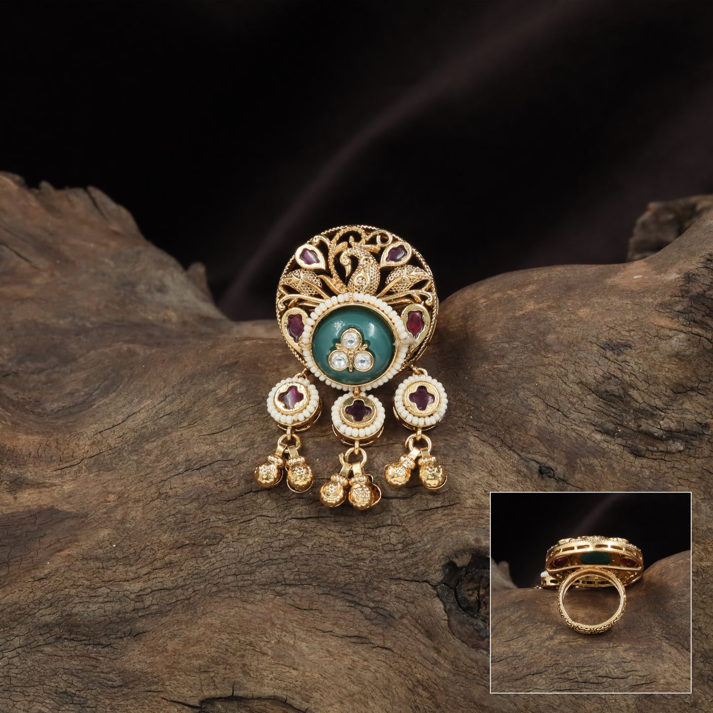 Peacock crest kundan finger ring with round base medallion and triple drop hangings