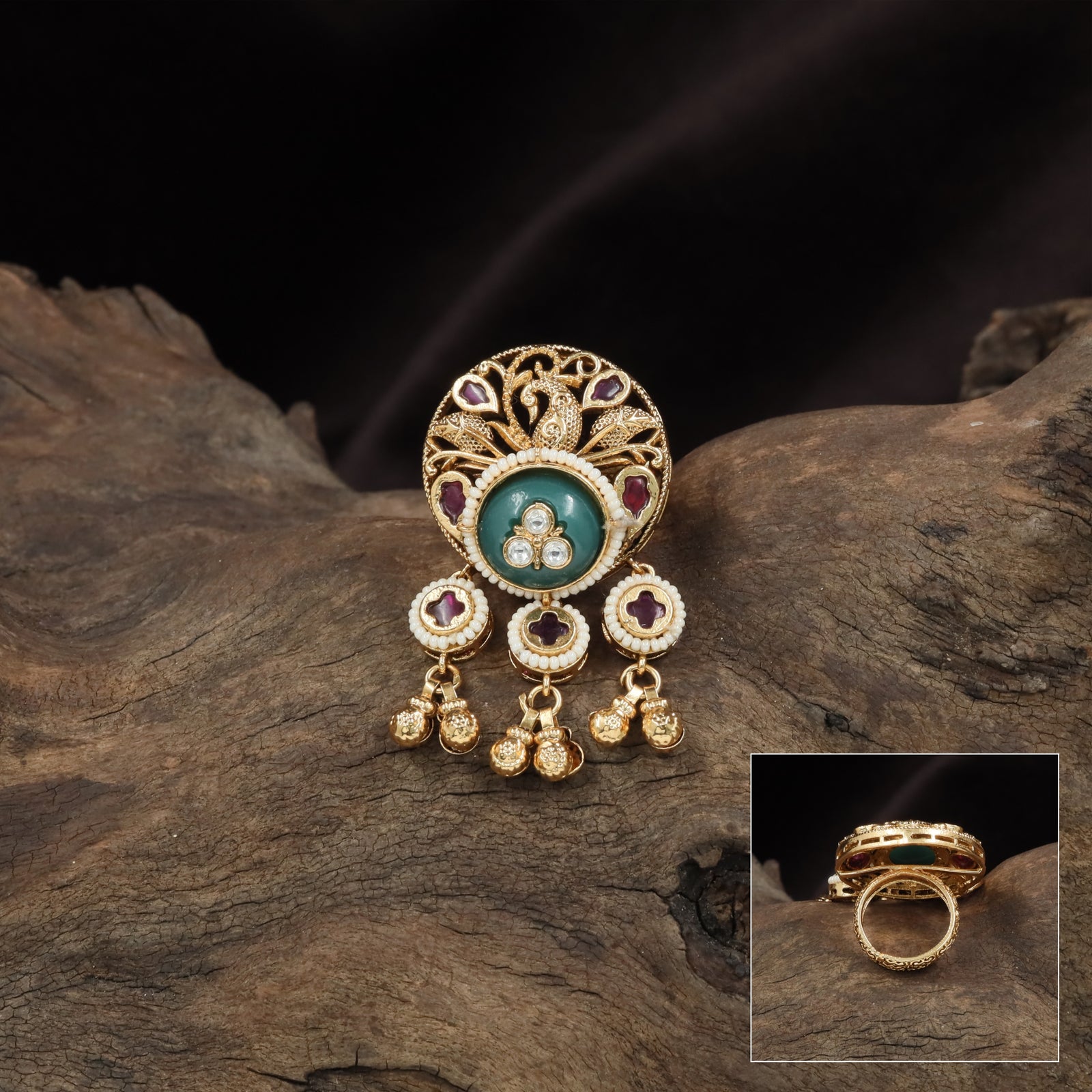 Peacock crest kundan finger ring with round base medallion and triple drop hangings