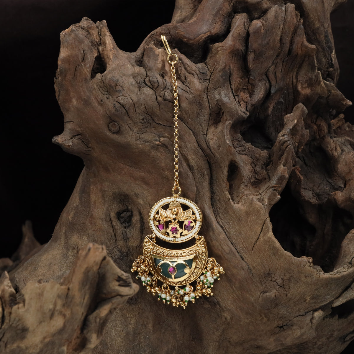 Kundan Bird Motif Tikka with Crescent Pendant