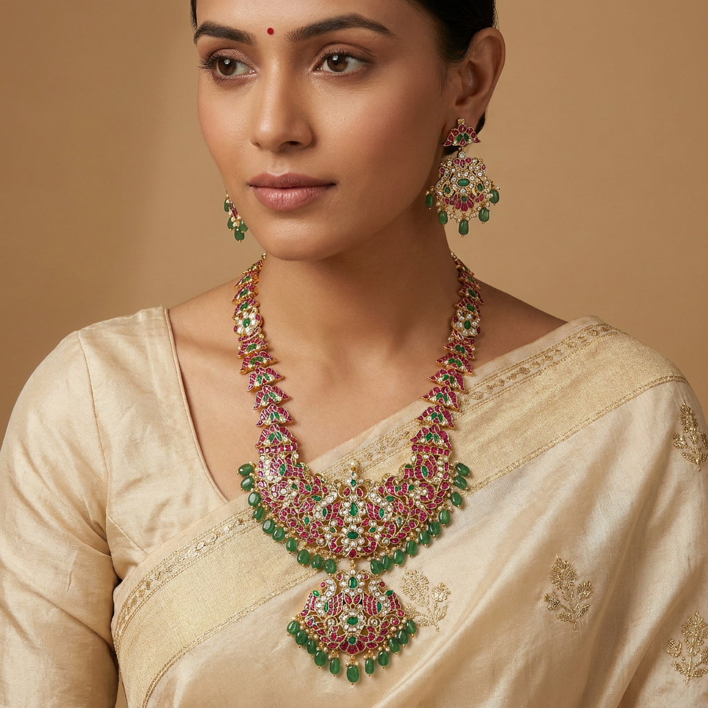 Traditional Curve Jadau Long Haara with Layered Pendant Section