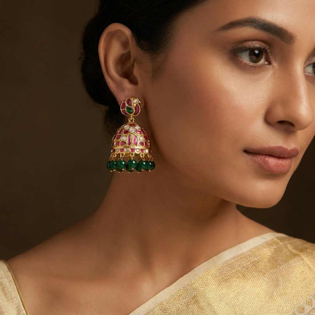 Elegant Bell Jadau Jumka with Structured Fringe Pattern