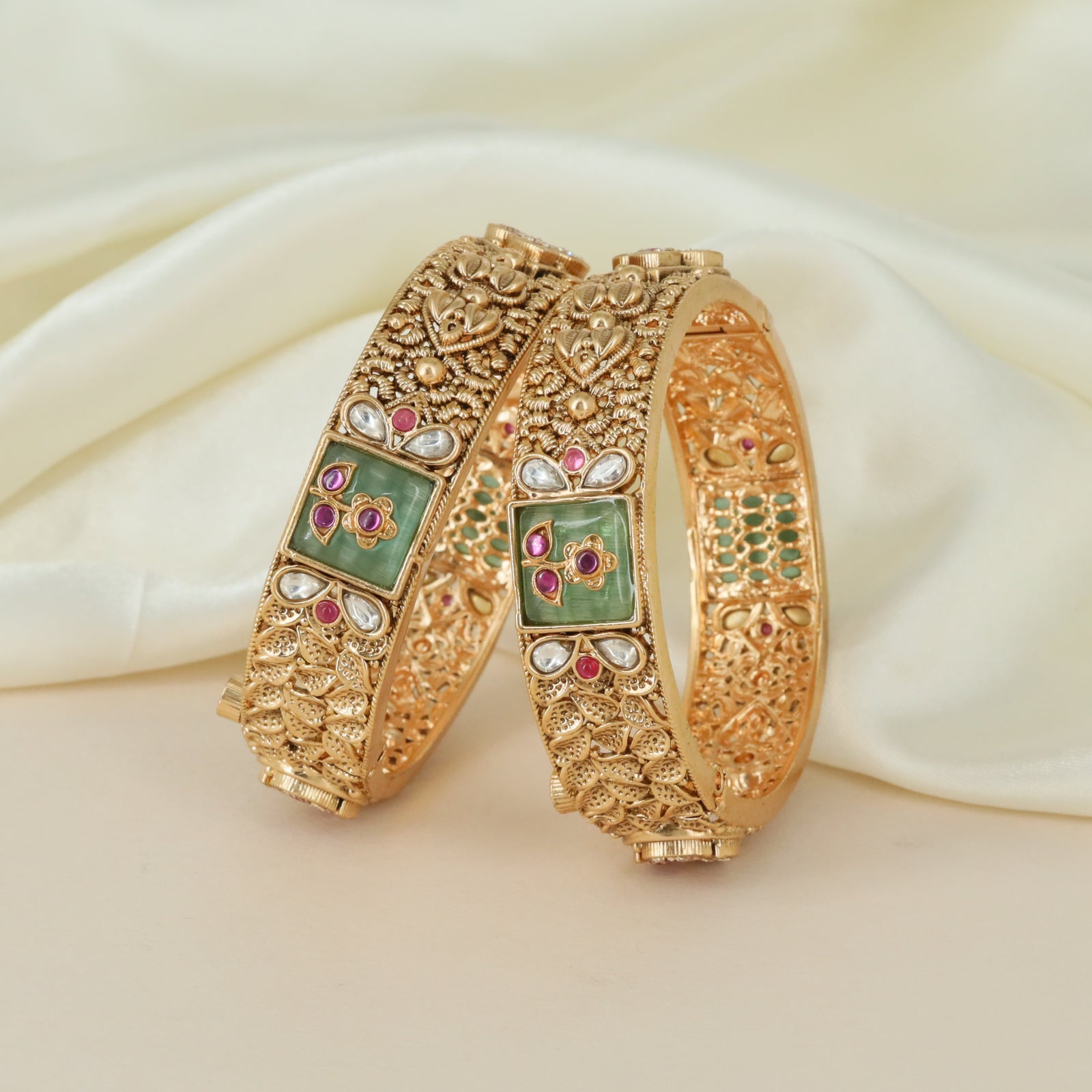 Designer Floral Layout Kundan Bangles with Ornamental Heritage Styling