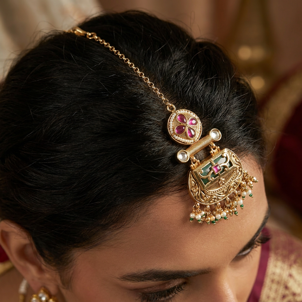 Moonlit Crest Kundan Tikka with Structured Hanging Border
