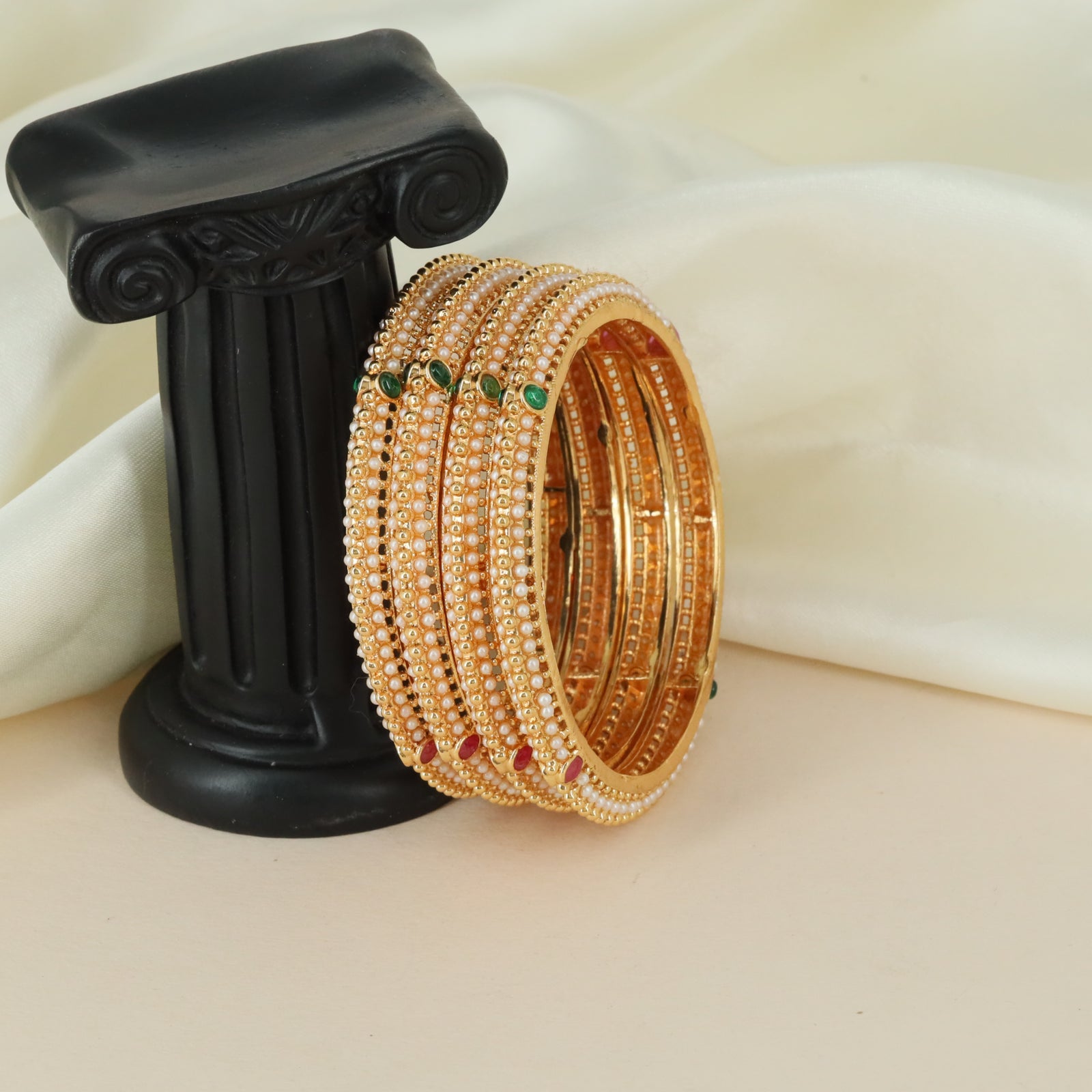 Curved Stone Layout Antique Bangles with Decorative Pearl Accents