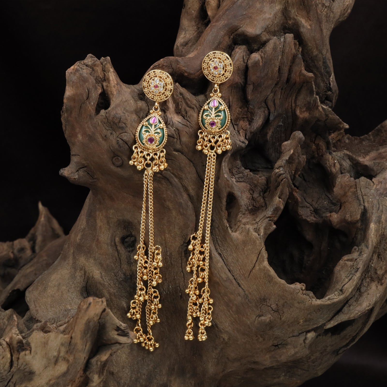 Netted Disc Kundan Hangings with Long Chain Fringe