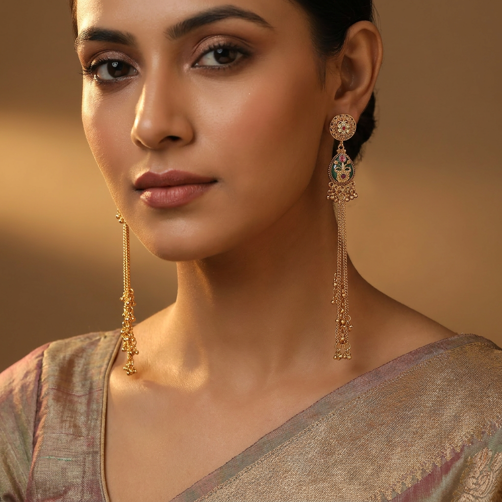 Netted Disc Kundan Hangings with Long Chain Fringe