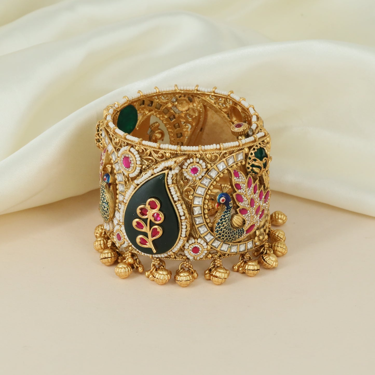 Decorative Peacock Kundan Kada with Hanging Bead Arrangement