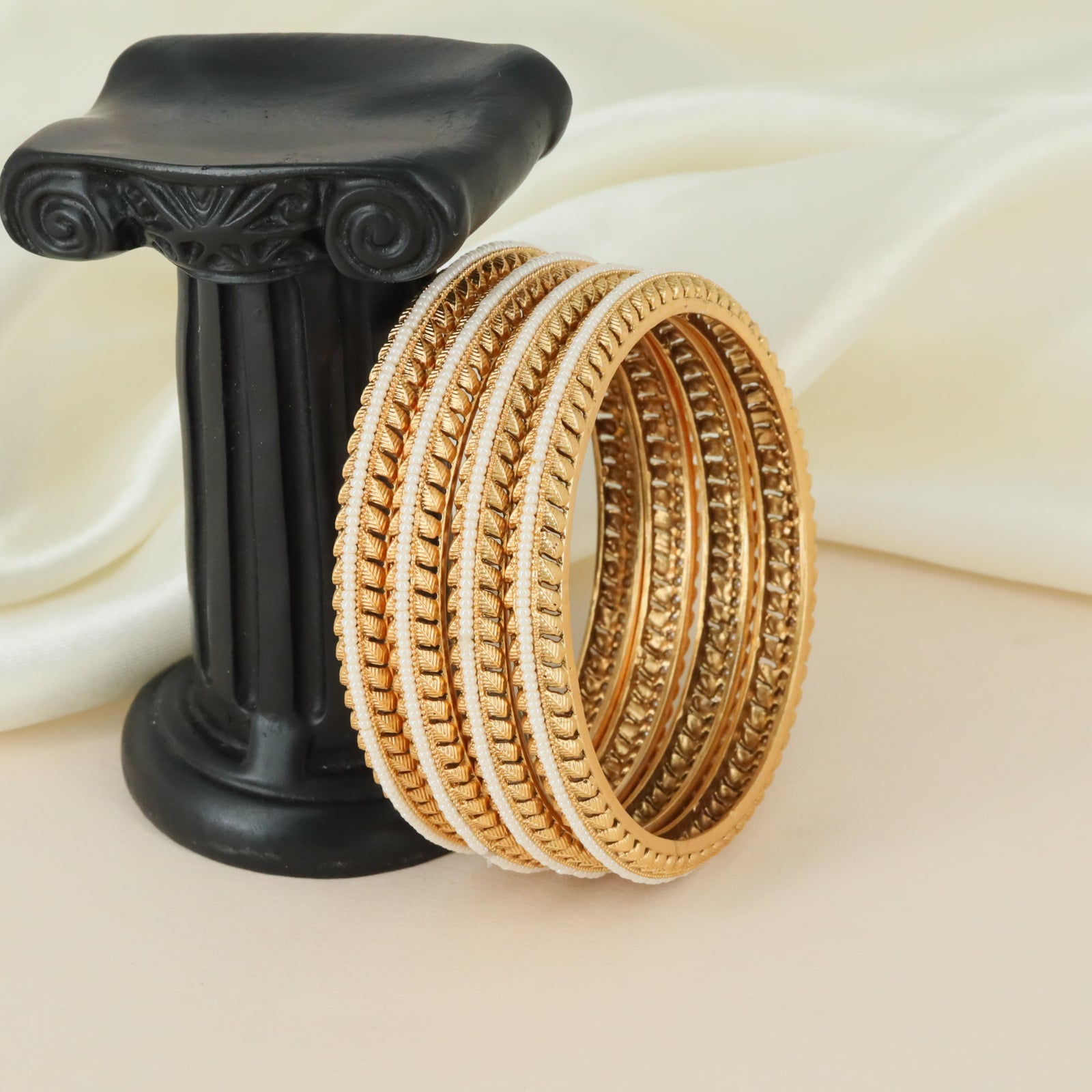 Divine V-Ridge Pattern Antique Bangles Featuring Seed Bead Lines