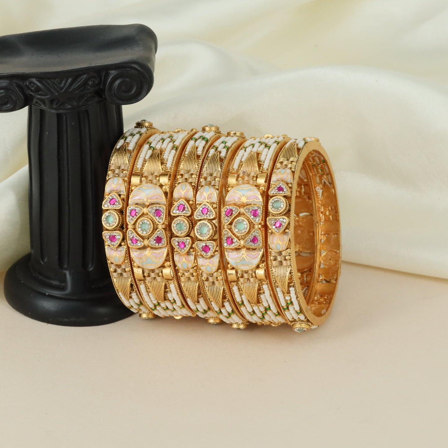 Granulated Floral Kundan Bangles with Layered Stone Borders