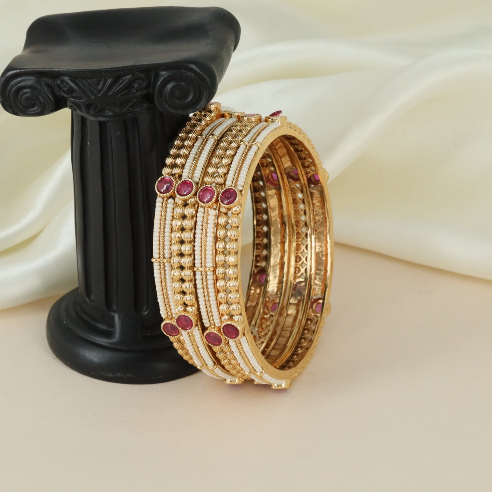 Bridal dual-row spherical bead antique bangles with linear seed accents