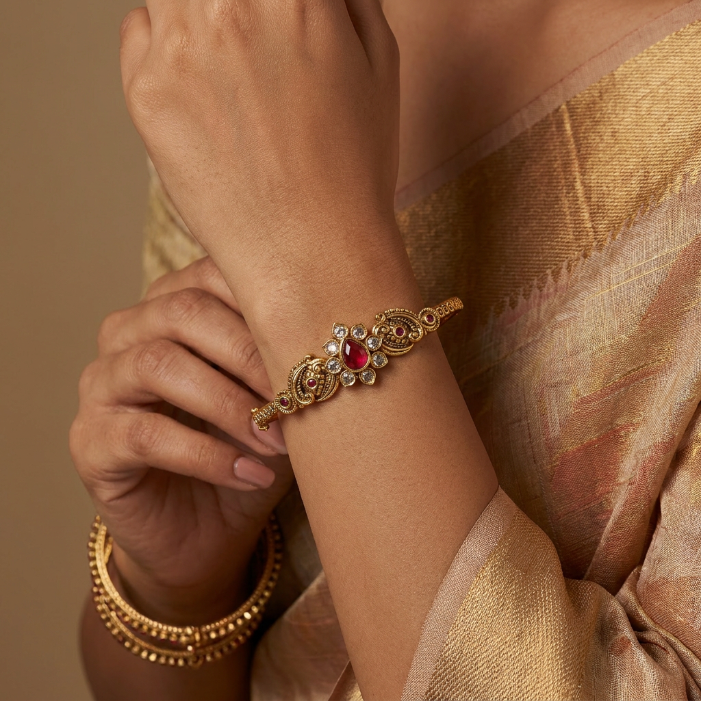 Floral Kada with Raised Center Frame Detailing