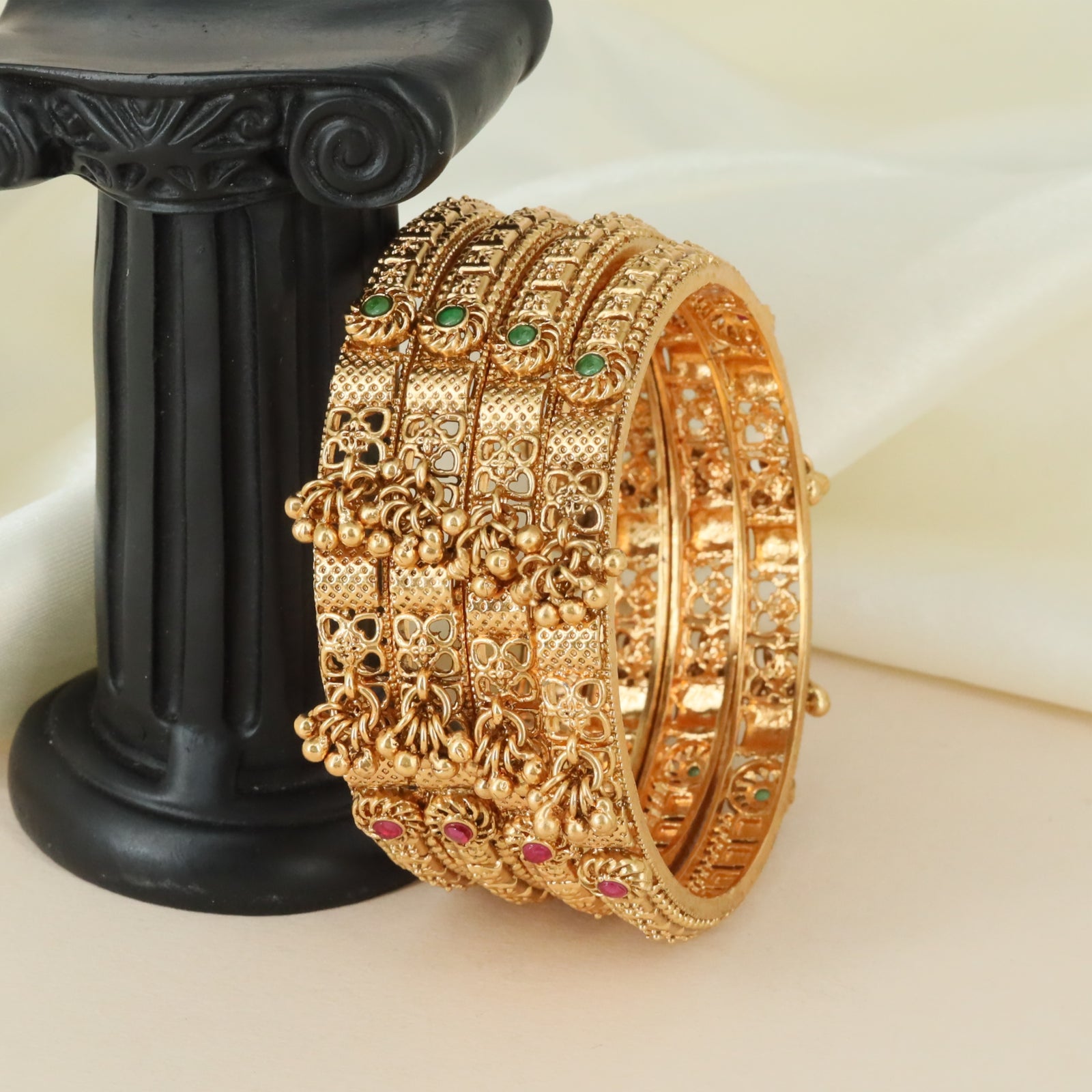 Premium Bell Accent Antique Bangles with Raised Heritage Craftsmanship