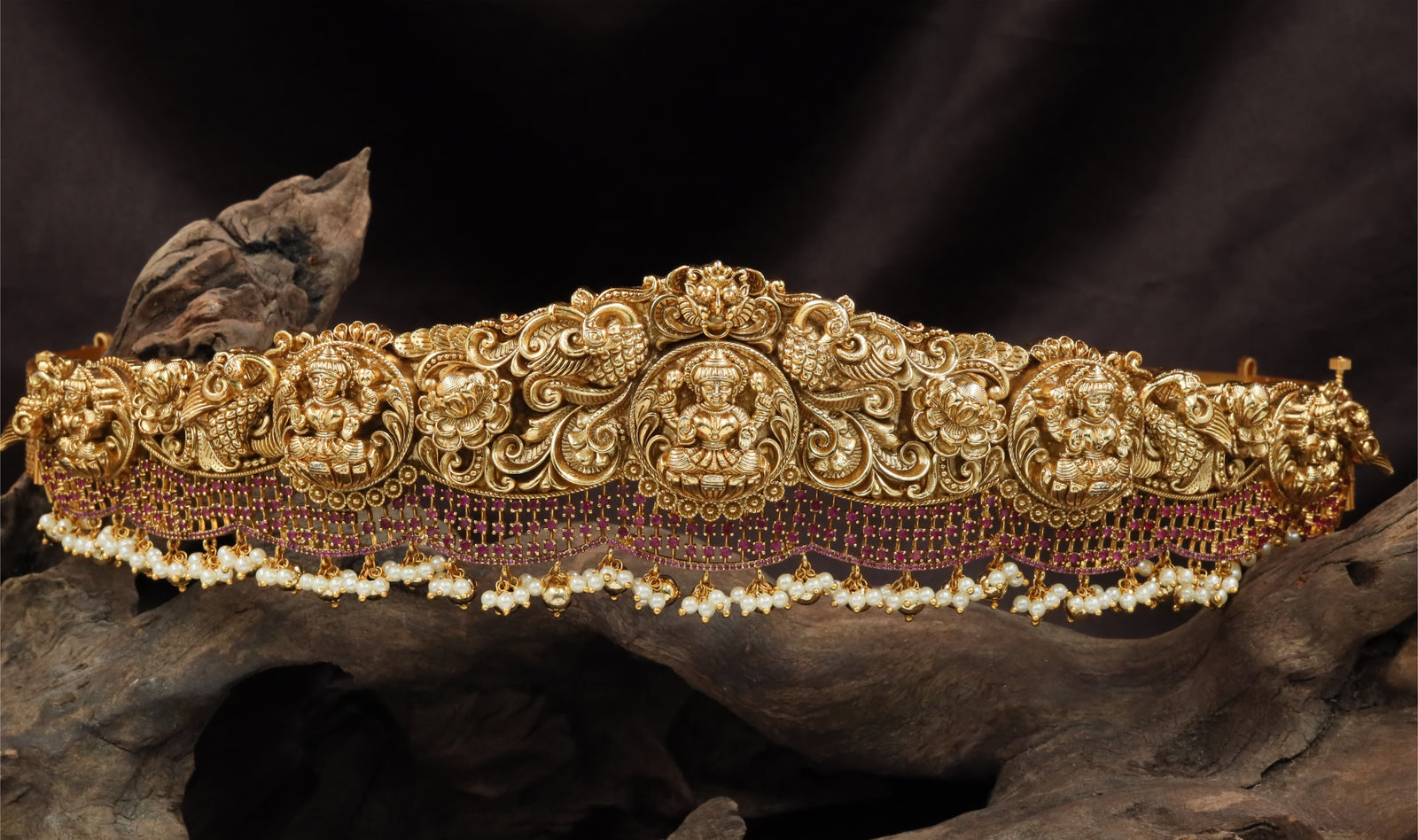 Royal Lakshmi Dabu with Peacock Side Panels and Pearl Fringe Layers