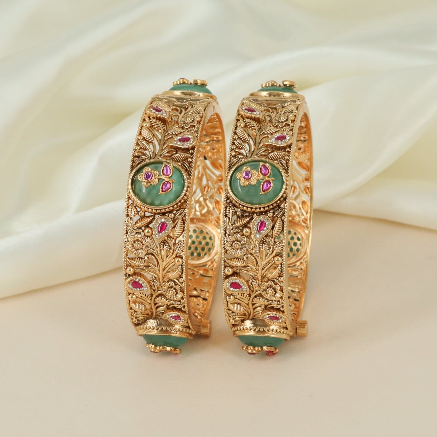 Traditional Peacock Border Kundan Bangles with Decorative Floral Panels