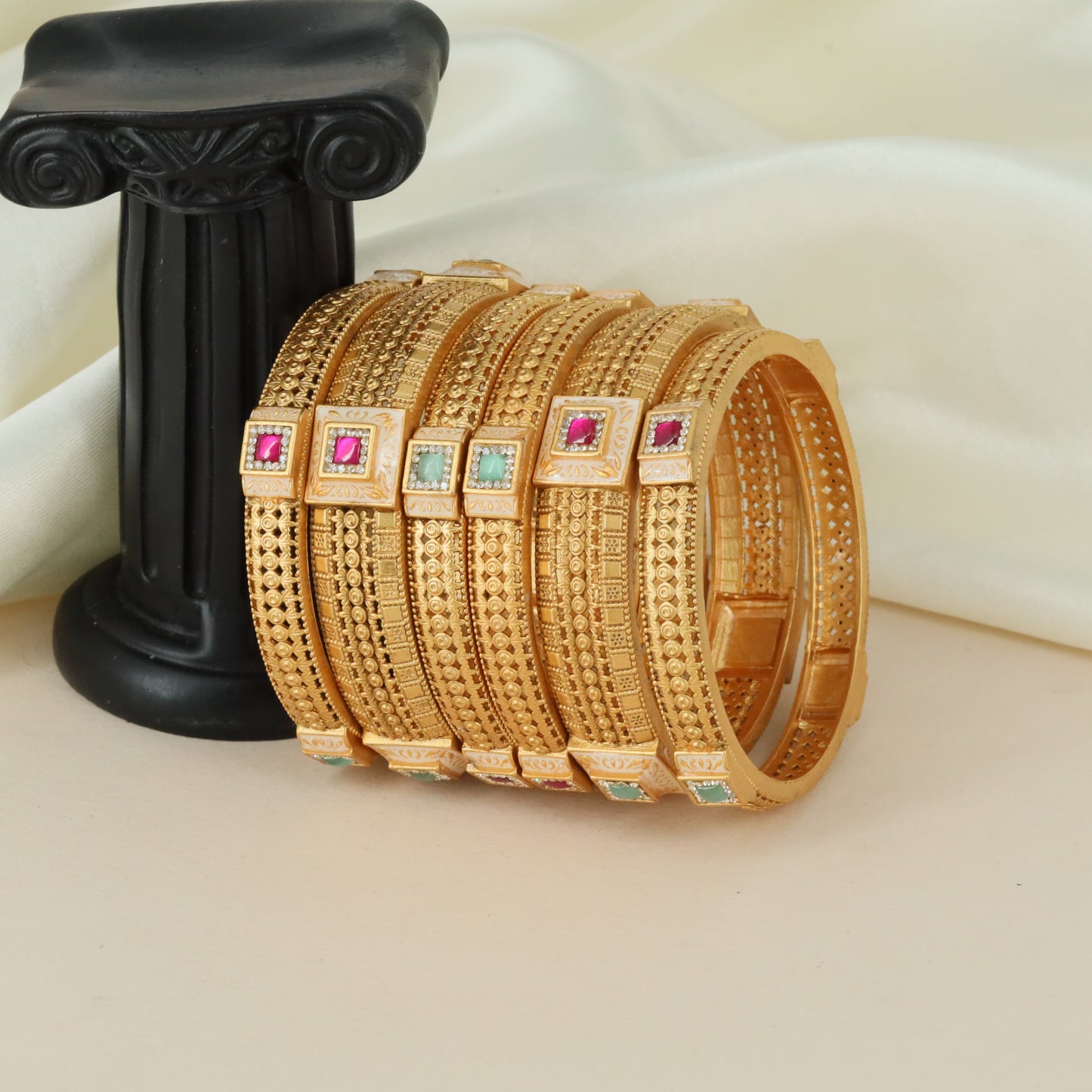 Textured Square Pattern Antique Bangles with Ornamental Tile Styling
