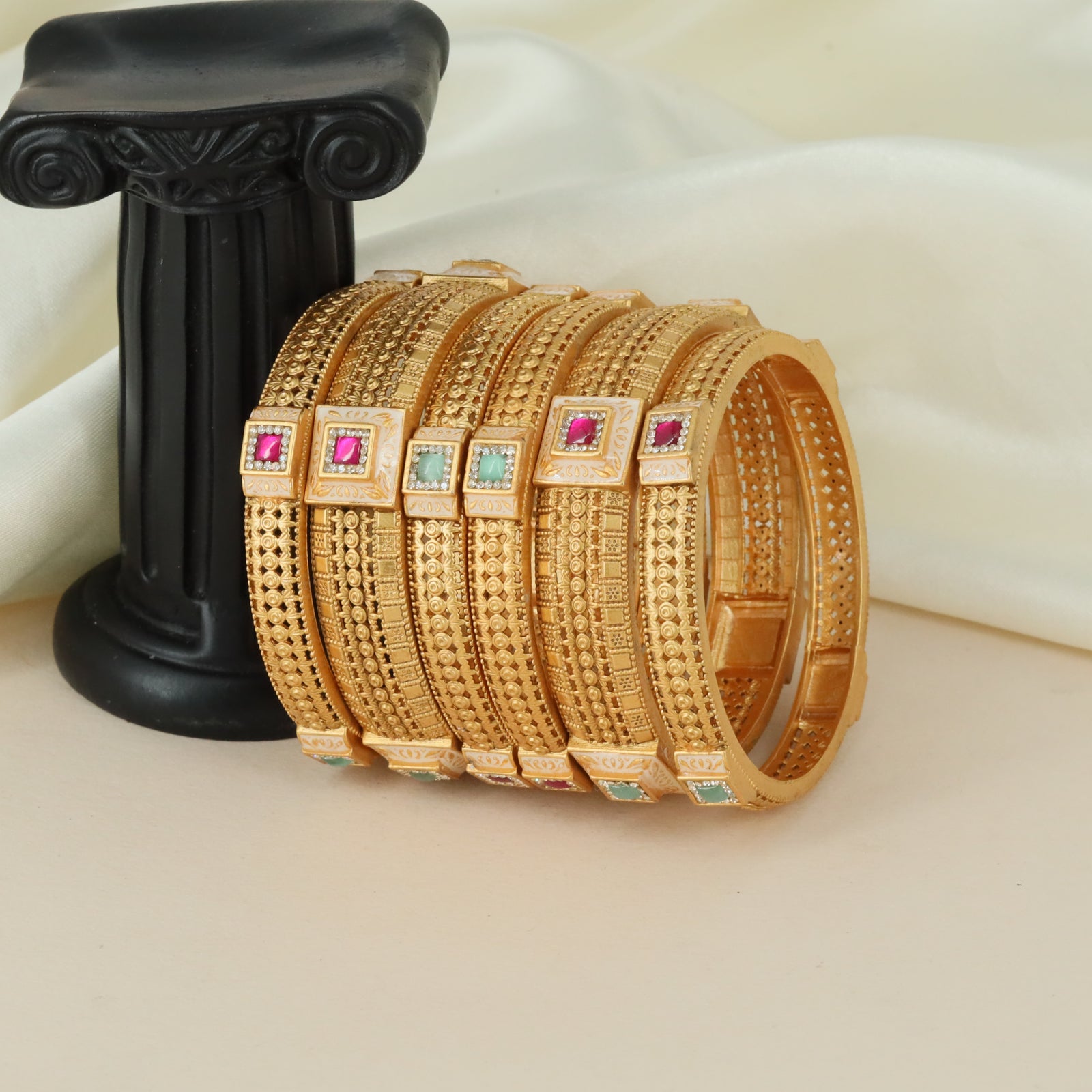 Textured Square Pattern Antique Bangles with Ornamental Tile Styling