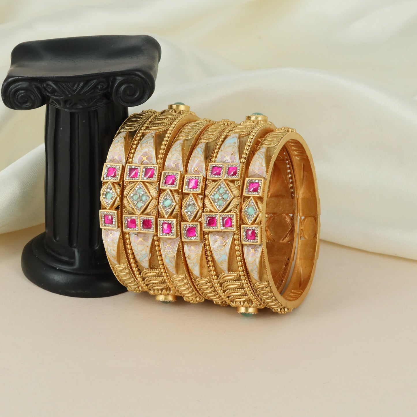 Geometric Tile Antique Bangles with Layered Stone Border Detailing